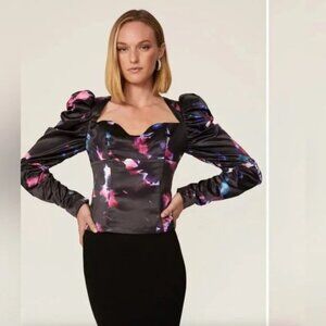 Badgley Mischka Long Puff Sleeves Sweetheart Neck Printed Bustier Top